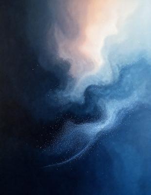 The primary subject of the image is a blue and white cloud, which is the main object, scene, or focus of the image. The setting or background features a dark blue sky, which contrasts with the cloud. The visual style of the image is a painting, as it is a digital art piece. The dominant colors in the image are blue and white, creating a calm and serene atmosphere.